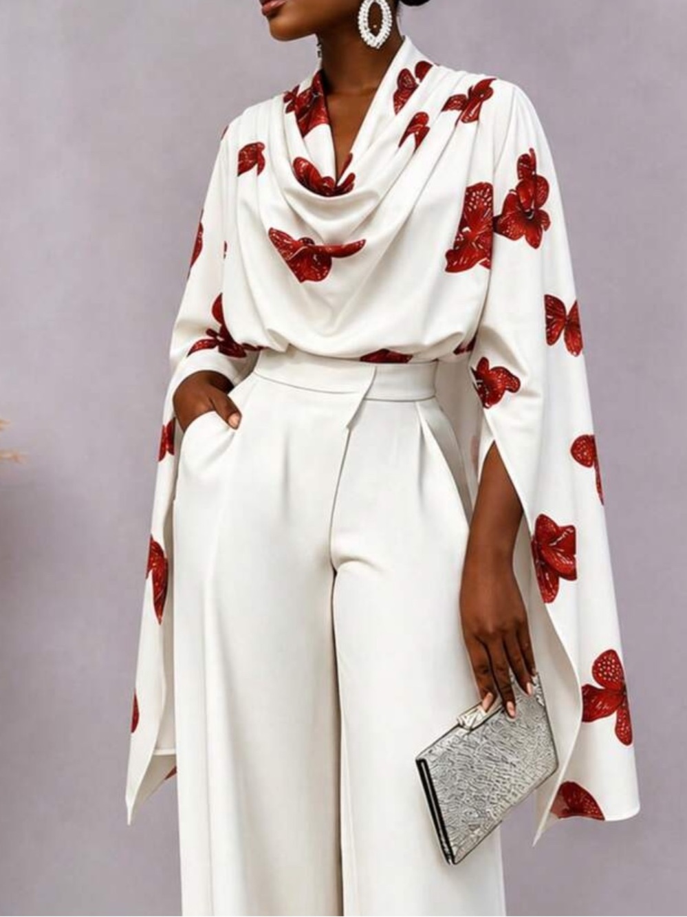 Elegant Drape Cowl Neck Flowy Cape Sleeve Evening Holiday Top Shirt Blouse
